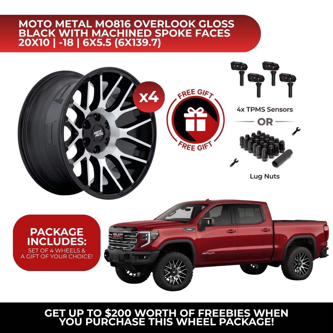 Moto Metal MO816 Overlook 20x10 6x139.7 GBM 4pcs | Fits GMC Sierra 1500 | Free TPMS Sensors or Lug Nuts