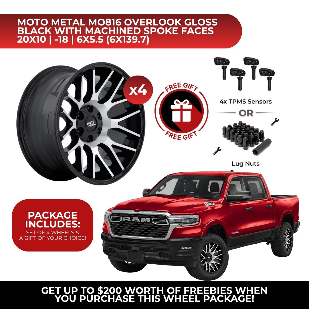 Moto Metal MO816 Overlook 20x10 6x139.7 GBM 4pcs | Fits RAM 1500 | Free TPMS Sensors or Lug Nuts