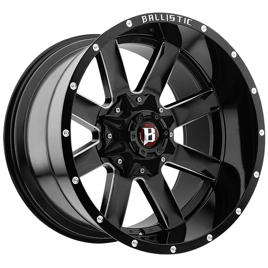 Ballistic 959 Rage 24x12 -50 6x135/139.7 (6x5.5) Gloss Black and Milled - Tires and Engine Performance