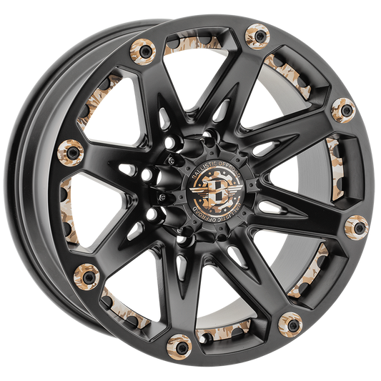 BALLISTIC 814 JESTER 17X9 6X135 OFFSET -12 FLAT BLACK w/CAMOFLAGE ACC - Tires and Engine Performance