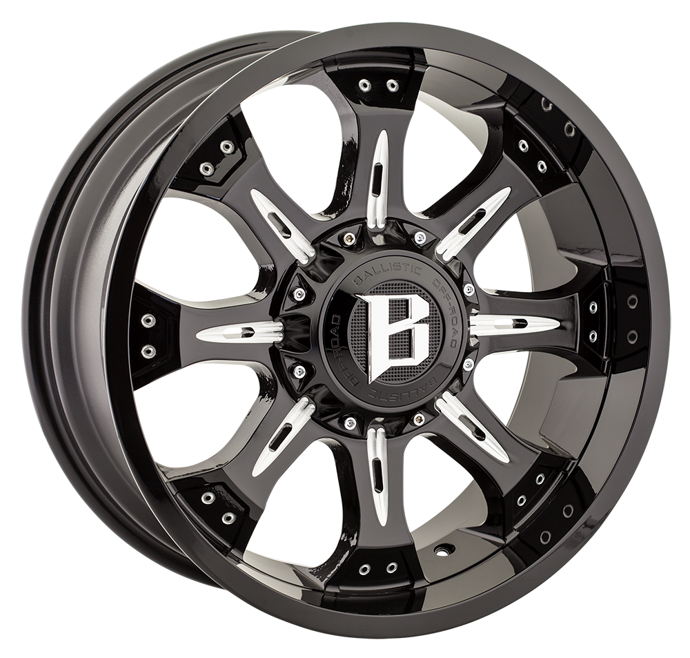 BALLISTIC 973-SCORPION 20X9 12X135/139.7 OFFSET +18 GLOSS BLACK w/MILLED WINDOWS - Tires and Engine Performance