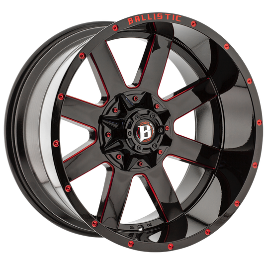 BALLISTIC 959-RAGE 22X12 10X127/139.7 OFFSET -50 GLOSS BLACK W/RED MILLED WINDOWS - Tires and Engine Performance