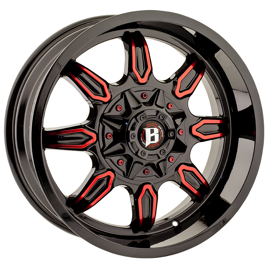 BALLISTIC 670-RAMPAGE 20X9 6X135/139.7 OFFSET+12 GLOSS BLACK W/ RED MACHINED WINDOWS - Tires and Engine Performance