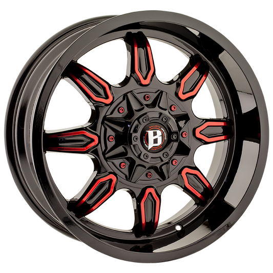 BALLISTIC 670-RAMPAGE 20X9 6X135/139.7 OFFSET+12 GLOSS BLACK W/ RED MACHINED WINDOWS - Tires and Engine Performance