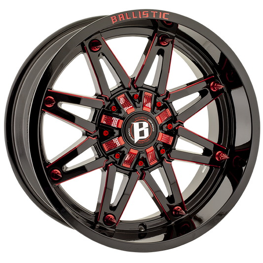 BALLISTIC 963-GLADIATOR 20X10 12X135/139.7 OFFSET +00 GLOSS BLACK W/RED MILLED WINDOWS - Tires and Engine Performance