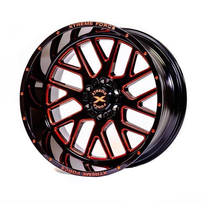 Xtreme Force XF-10 20x10 -25 5x127 (5x5)/5x139.7 (5x5.5) Gloss Black with Red Milled - Tires and Engine Performance