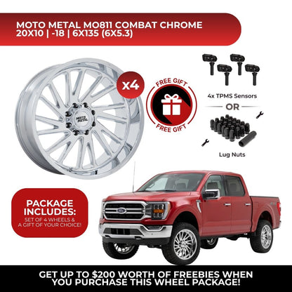 Moto Metal MO811 Combat 20x10 6x135 Chrome 4pcs | Fits Ford F-150 | Free TPMS Sensors or Lug Nuts