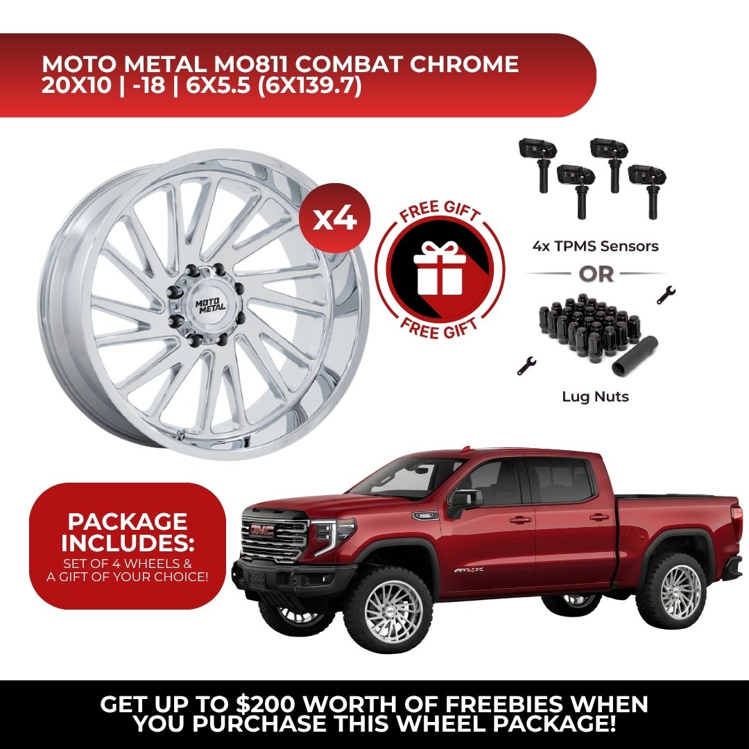 Moto Metal MO811 Combat 20x10 6x139.7 Chrome 4pcs | Fits GMC Sierra 1500 | Free TPMS Sensors or Lug Nuts