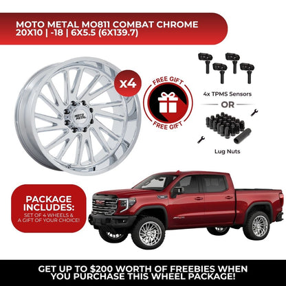 Moto Metal MO811 Combat 20x10 6x139.7 Chrome 4pcs | Fits GMC Sierra 1500 | Free TPMS Sensors or Lug Nuts