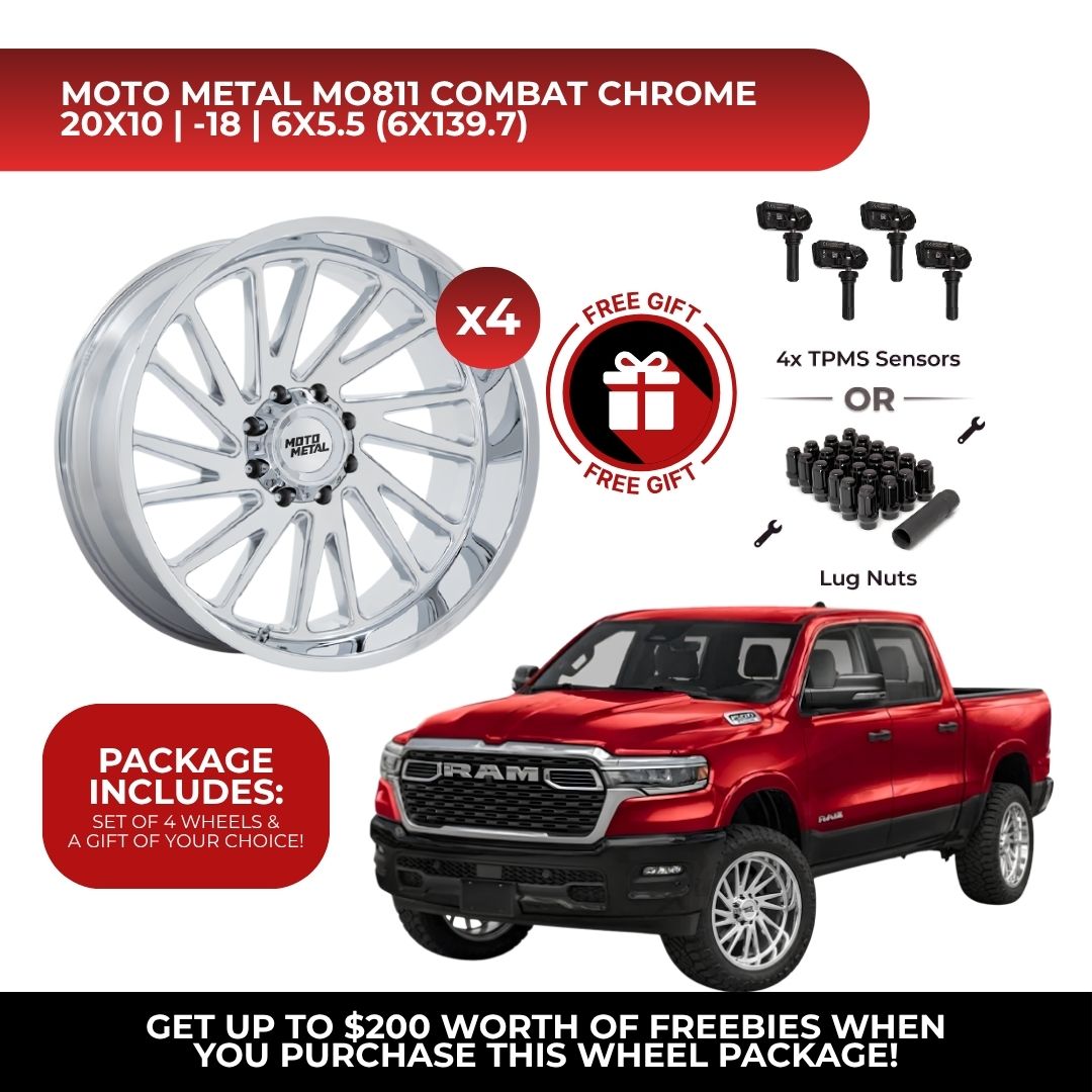 Moto Metal MO811 Combat 20x10 6x139.7 Chrome 4pcs | Fits RAM 1500 | Free TPMS Sensors or Lug Nuts