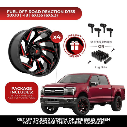 Fuel D755 Reaction 20x10 6x135 4pcs | Fits Ford F-150 | Free TPMS Sensors or Lug Nuts