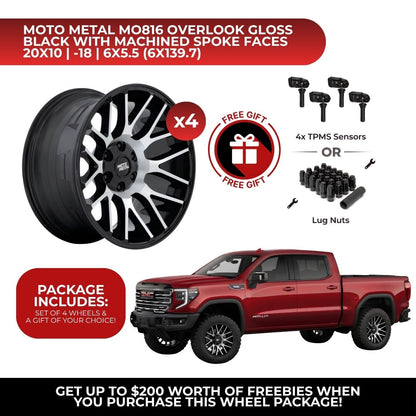 Moto Metal MO816 Overlook 20x10 6x139.7 GBM 4pcs | Fits GMC Sierra 1500 | Free TPMS Sensors or Lug Nuts