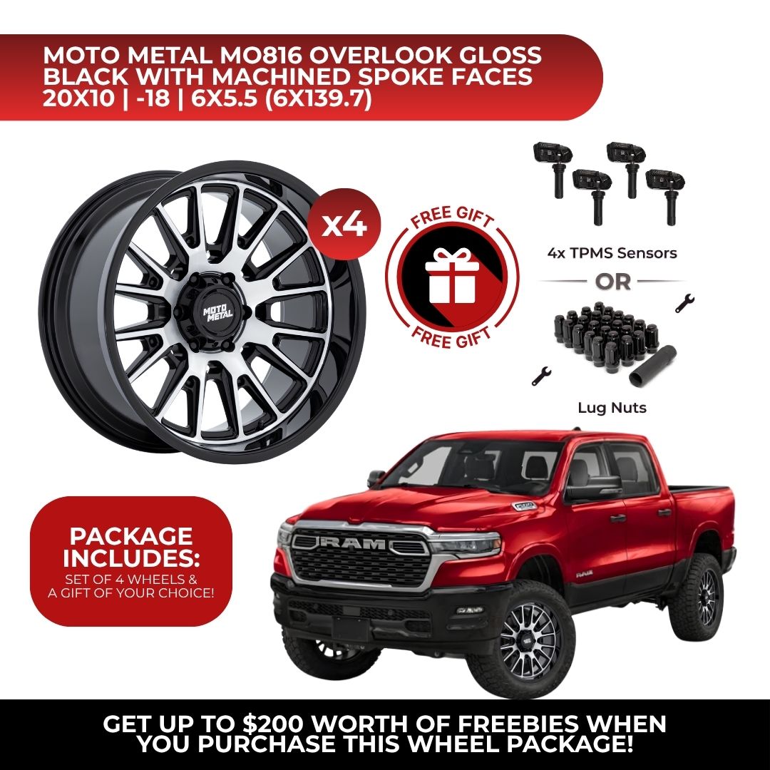 Moto Metal MO816 Overlook 20x10 6x139.7 4pcs | Fits RAM 1500 | Free TPMS Sensors or Lug Nuts