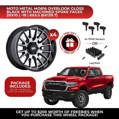 Moto Metal MO816 Overlook 20x10 6x139.7 4pcs | Fits RAM 1500 | Free TPMS Sensors or Lug Nuts