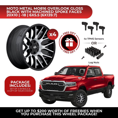 Moto Metal MO816 Overlook 20x10 6x139.7 GBM 4pcs | Fits RAM 1500 | Free TPMS Sensors or Lug Nuts