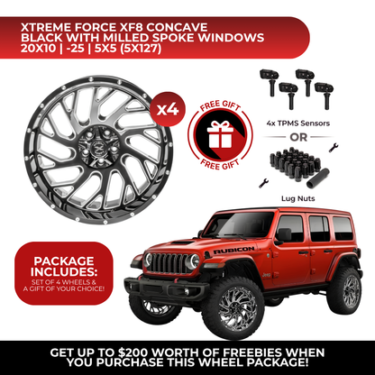 Xtreme Force XF-8 Concave 20x10 5x127 4pcs | Fits Jeep Wrangler | Free TPMS Sensors or Lug Nuts