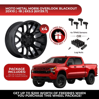 Moto Metal MO816 Overlook 20x10 6x139.7 Blackout 4pcs | Fits Chevy Silverado 1500 | Free TPMS Sensors or Lug Nuts