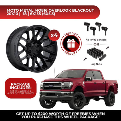 Moto Metal MO816 Overlook 20x10 6x135 Blackout 4pcs | Fits Ford F-150 | Free TPMS Sensors or Lug Nuts