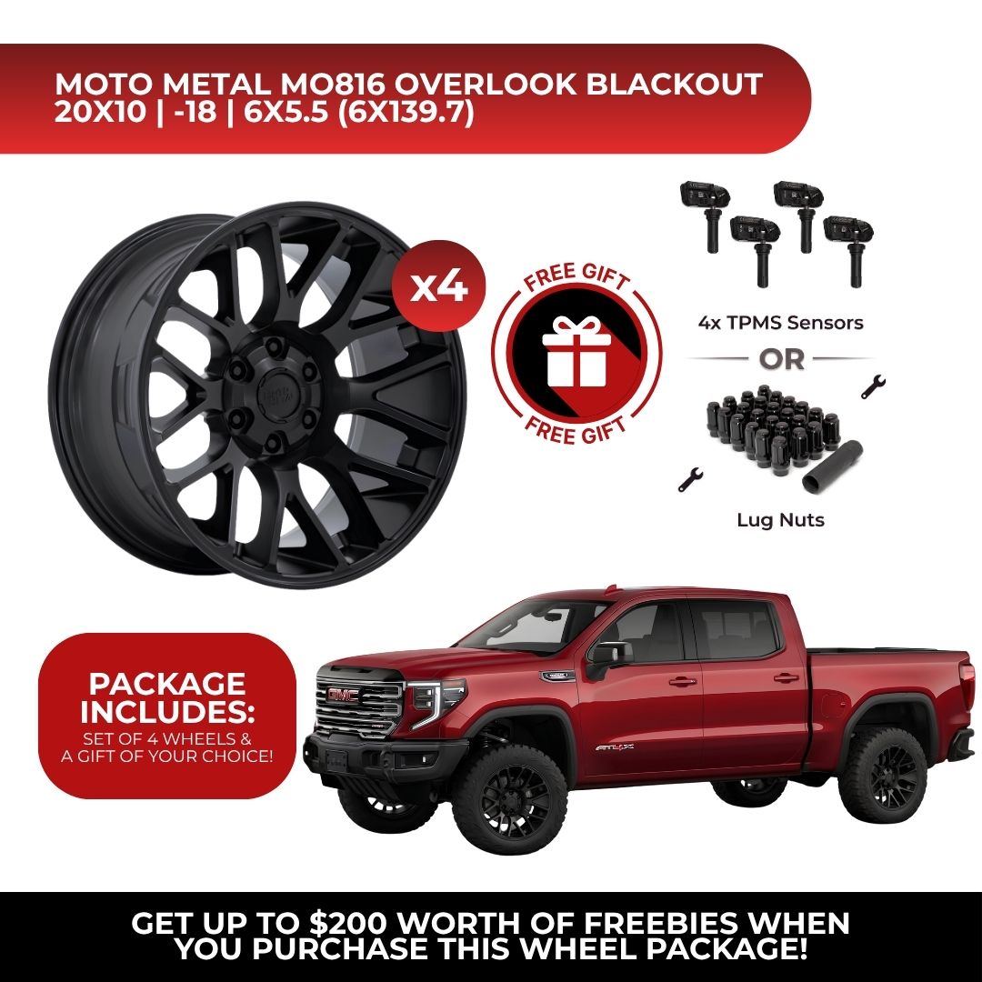 Moto Metal MO816 Overlook 20x10 6x139.7 Blackout 4pcs | Fits GMC Sierra 1500 | Free TPMS Sensors or Lug Nuts