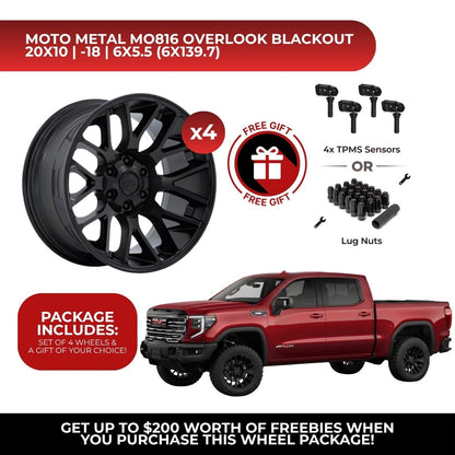 Moto Metal MO816 Overlook 20x10 6x139.7 Blackout 4pcs | Fits GMC Sierra 1500 | Free TPMS Sensors or Lug Nuts