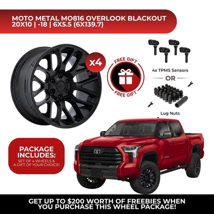 Moto Metal MO816 Overlook 20x10 6x139.7 Blackout 4pcs | Fits Toyota Tundra | Free TPMS Sensors or Lug Nuts