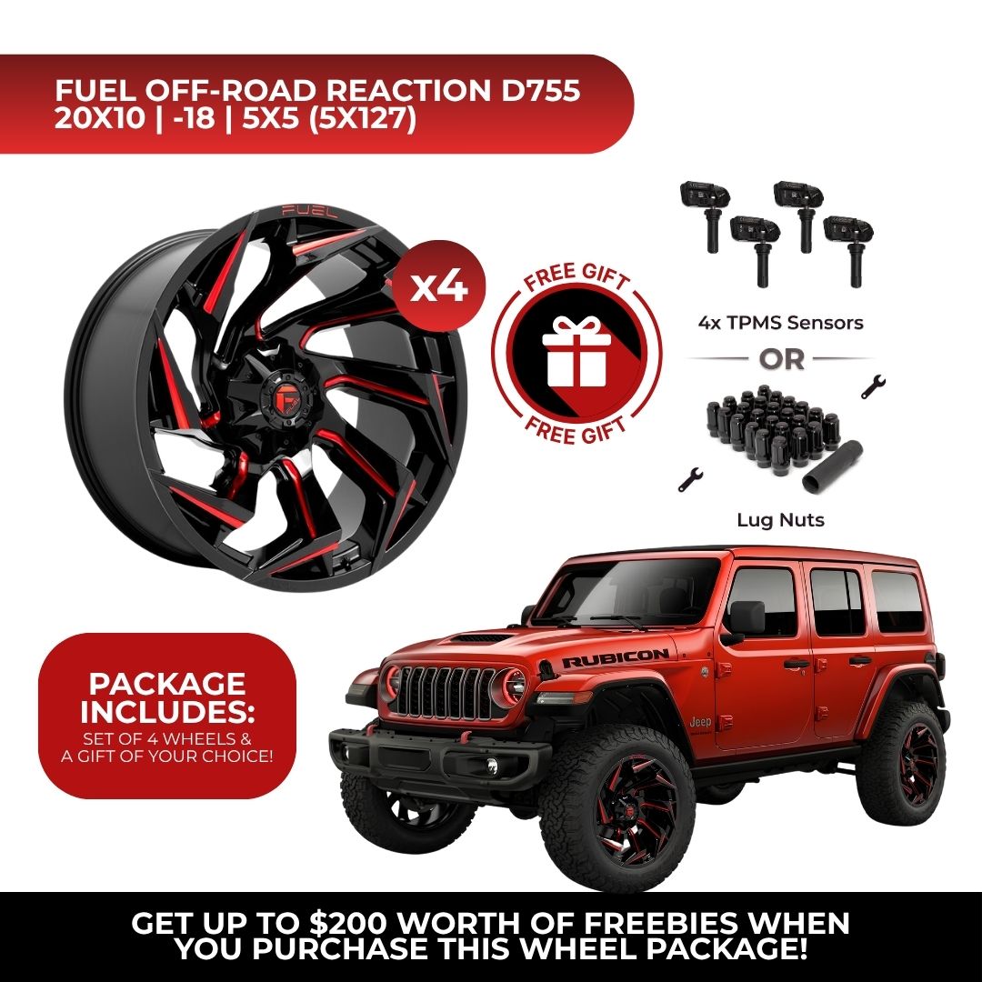 Fuel D755 Reaction 20x10 5x127 4pcs | Fits Jeep Wrangler | Free TPMS Sensors or Lug Nuts