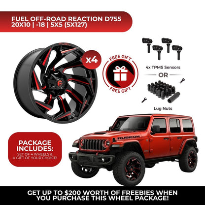 Fuel D755 Reaction 20x10 5x127 4pcs | Fits Jeep Wrangler | Free TPMS Sensors or Lug Nuts