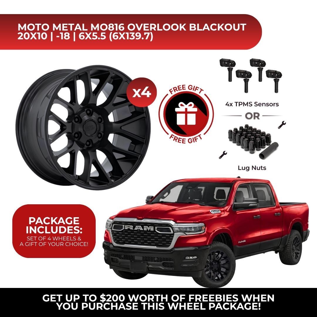 Moto Metal MO816 Overlook 20x10 6x139.7 Blackout 4pcs | Fits RAM 1500 | Free TPMS Sensors or Lug Nuts