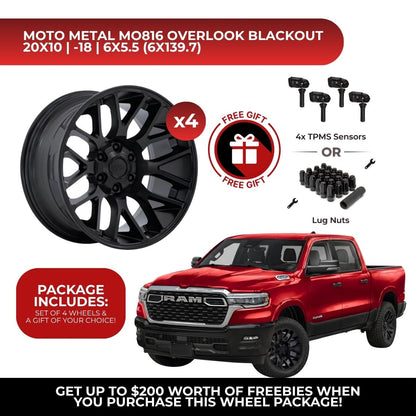 Moto Metal MO816 Overlook 20x10 6x139.7 Blackout 4pcs | Fits RAM 1500 | Free TPMS Sensors or Lug Nuts