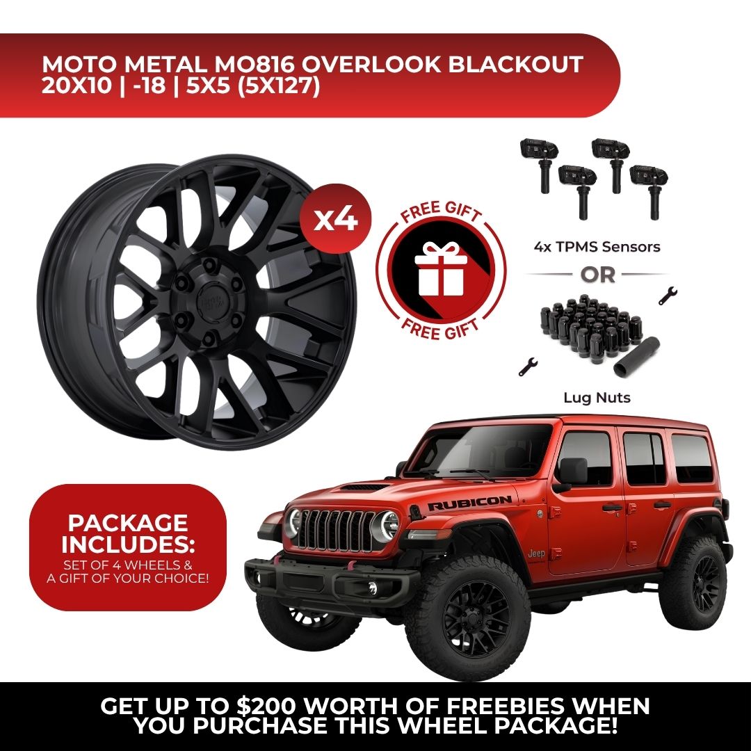 Moto Metal MO816 Overlook 20x10 5x127 Blackout 4pcs | Fits Jeep Wrangler | Free TPMS Sensors or Lug Nuts