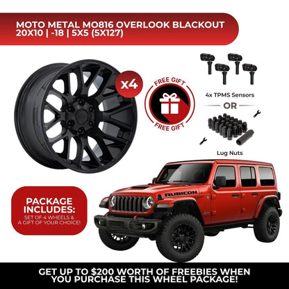 Moto Metal MO816 Overlook 20x10 5x127 Blackout 4pcs | Fits Jeep Wrangler | Free TPMS Sensors or Lug Nuts