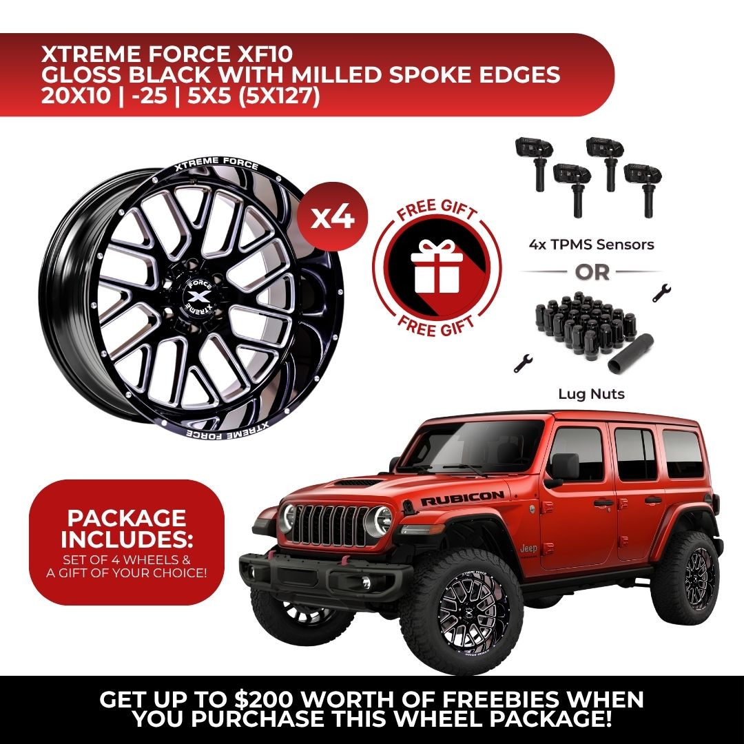 Xtreme Force XF-10 20x10 5x127 4pcs | Fits Jeep Wrangler | Free TPMS Sensors or Lug Nuts
