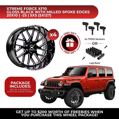 Xtreme Force XF-10 20x10 5x127 4pcs | Fits Jeep Wrangler | Free TPMS Sensors or Lug Nuts