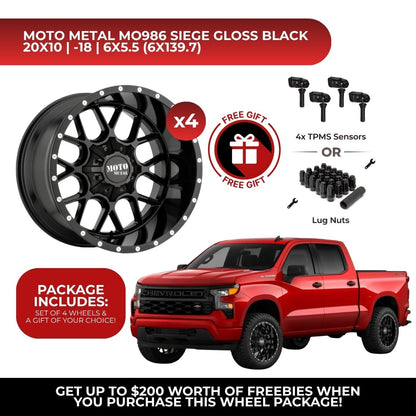 Moto Metal MO986 Siege 20x10 6x139.7 4pcs | Fits Chevy Silverado 1500 | Free TPMS Sensors or Lug Nuts