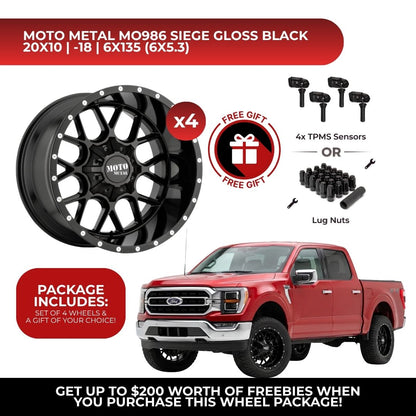 Moto Metal MO986 Siege 20x10 6x135 4pcs | Fits Ford F-150 | Free TPMS Sensors or Lug Nuts