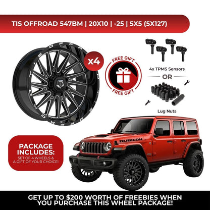 TIS 547BM 20x10 -25 5x127 4pcs | Fits Jeep Wrangler | Free TPMS Sensors or Lug Nuts