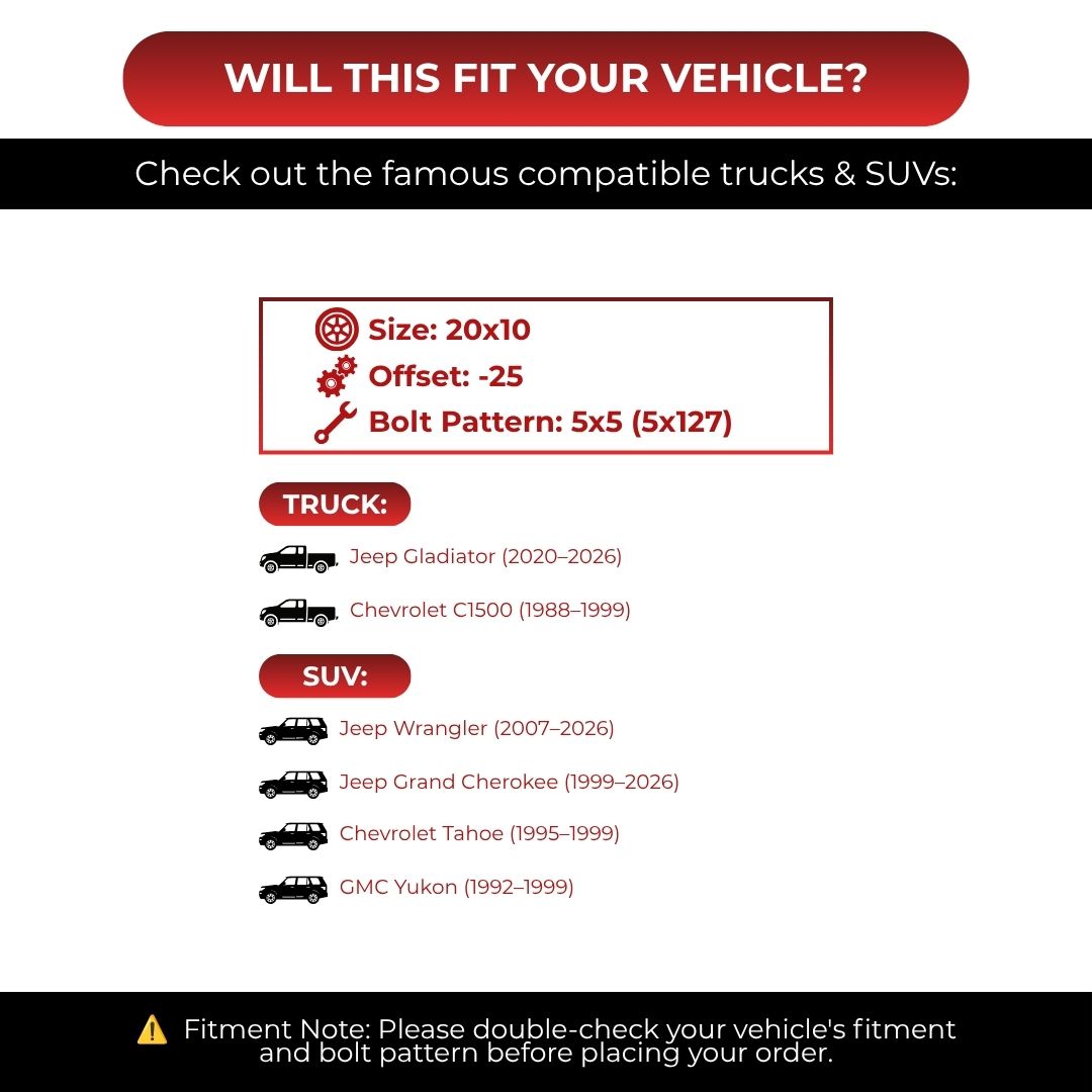 TIS 547BM 20x10 -25 5x127 4pcs | Fits Jeep Wrangler | Free TPMS Sensors or Lug Nuts