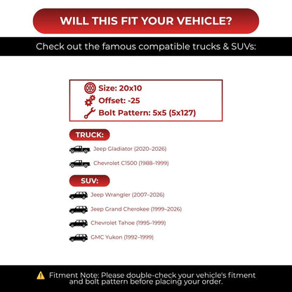 TIS 547BM 20x10 -25 5x127 4pcs | Fits Jeep Wrangler | Free TPMS Sensors or Lug Nuts
