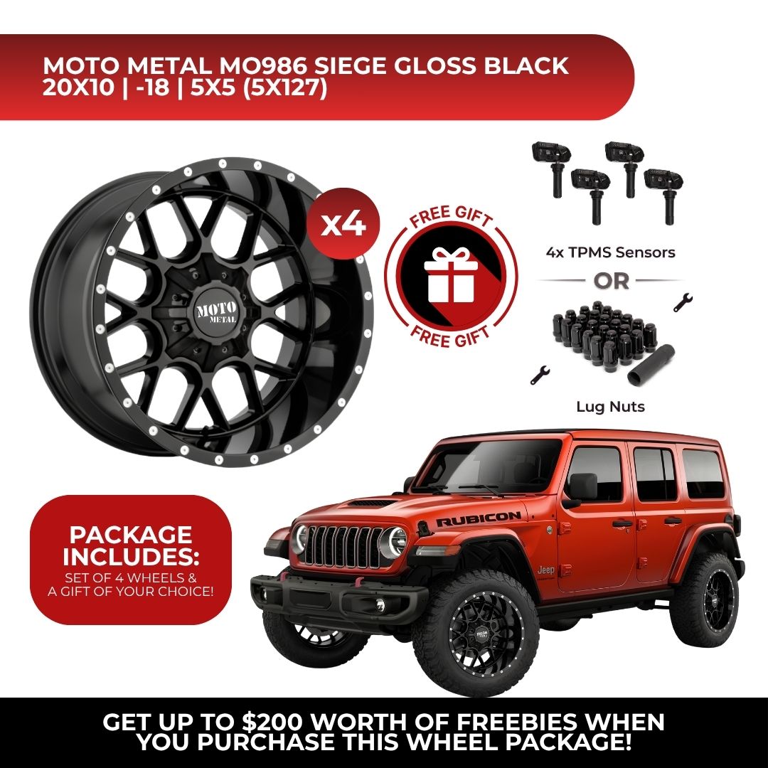 Moto Metal MO986 Siege 20x10 5x127 4pcs | Fits Jeep Wrangler | Free TPMS Sensors or Lug Nuts