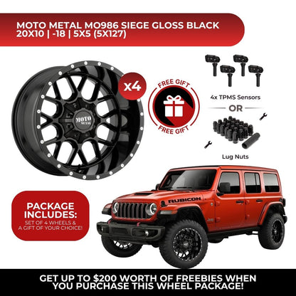 Moto Metal MO986 Siege 20x10 5x127 4pcs | Fits Jeep Wrangler | Free TPMS Sensors or Lug Nuts