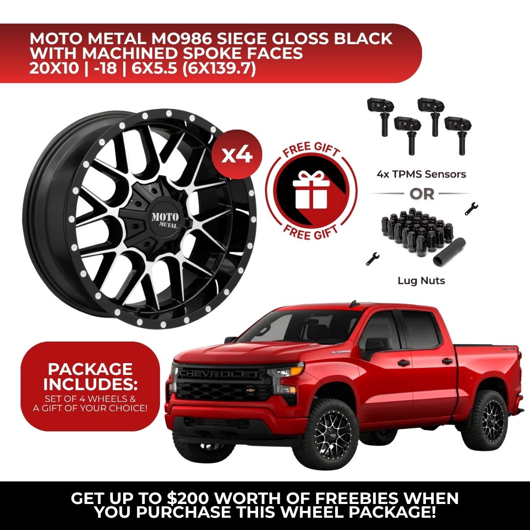 Moto Metal MO986 Siege 20x10 6x139.7 GBM 4pcs | Fits Chevy Silverado 1500 | Free TPMS Sensors or Lug Nuts