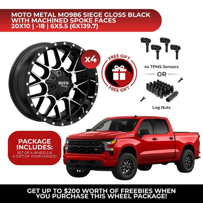 Moto Metal MO986 Siege 20x10 6x139.7 GBM 4pcs | Fits Chevy Silverado 1500 | Free TPMS Sensors or Lug Nuts
