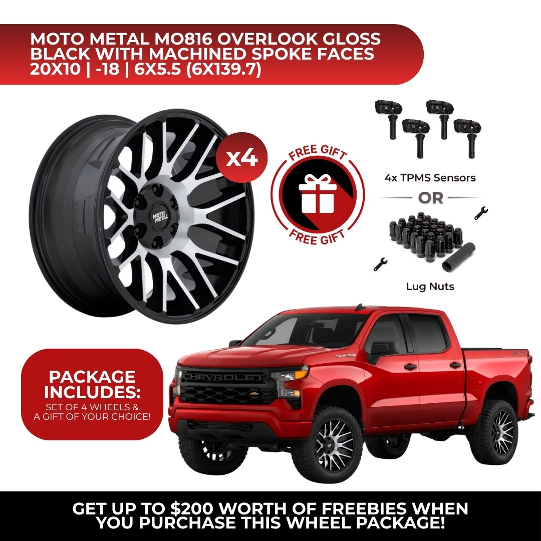 Moto Metal MO816 Overlook 20x10 6x139.7 GBM 4pcs | Fits Chevy Silverado 1500 | Free TPMS Sensors or Lug Nuts