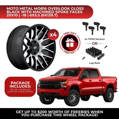 Moto Metal MO816 Overlook 20x10 6x139.7 GBM 4pcs | Fits Chevy Silverado 1500 | Free TPMS Sensors or Lug Nuts
