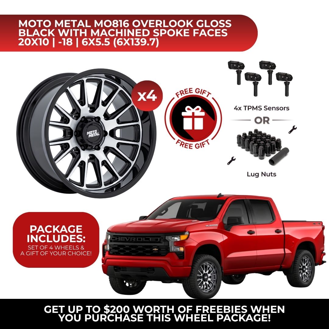 Moto Metal MO816 Overlook 20x10 6x139.7 4pcs | Fits Chevy Silverado 1500 | Free TPMS Sensors or Lug Nuts