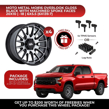 Moto Metal MO816 Overlook 20x10 6x139.7 4pcs | Fits Chevy Silverado 1500 | Free TPMS Sensors or Lug Nuts