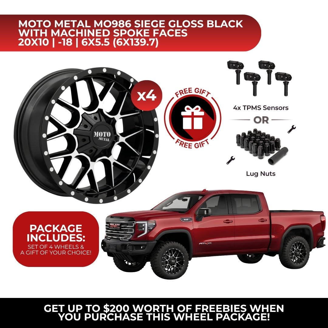 Moto Metal MO986 Siege 20x10 6x139.7 GBM 4pcs | Fits GMC Sierra 1500 | Free TPMS Sensors or Lug Nuts