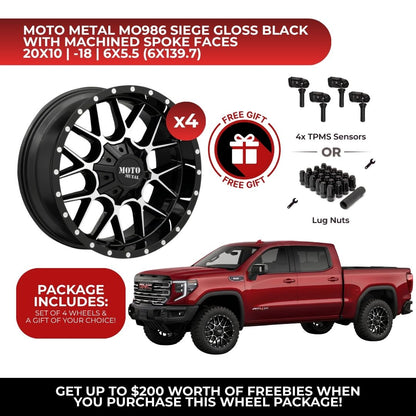 Moto Metal MO986 Siege 20x10 6x139.7 GBM 4pcs | Fits GMC Sierra 1500 | Free TPMS Sensors or Lug Nuts