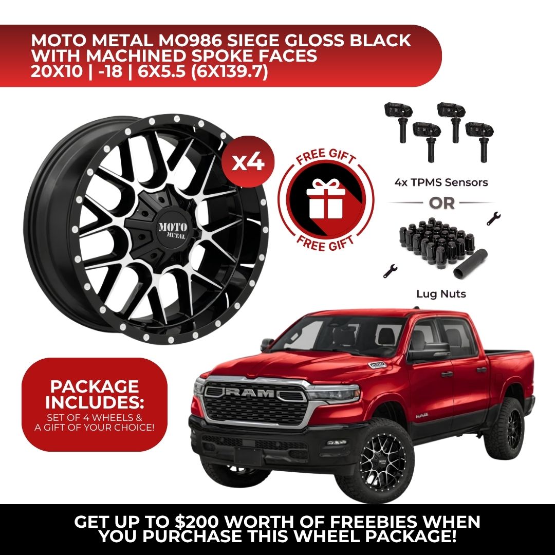 Moto Metal MO986 Siege 20x10 6x139.7 GBM 4pcs | Fits RAM 1500 | Free TPMS Sensors or Lug Nuts
