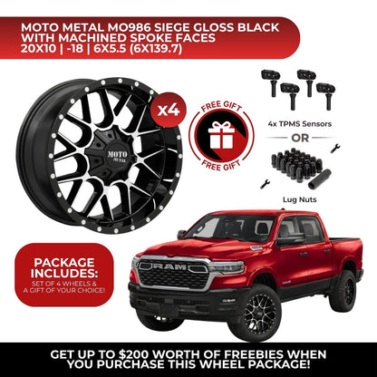 Moto Metal MO986 Siege 20x10 6x139.7 GBM 4pcs | Fits RAM 1500 | Free TPMS Sensors or Lug Nuts